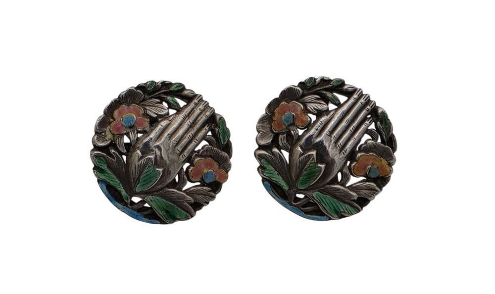 Vintage Sterling Repoussé Hands Colorful Enamel Flowers Screw back Earrings